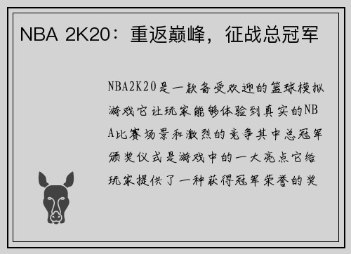 NBA 2K20：重返巅峰，征战总冠军